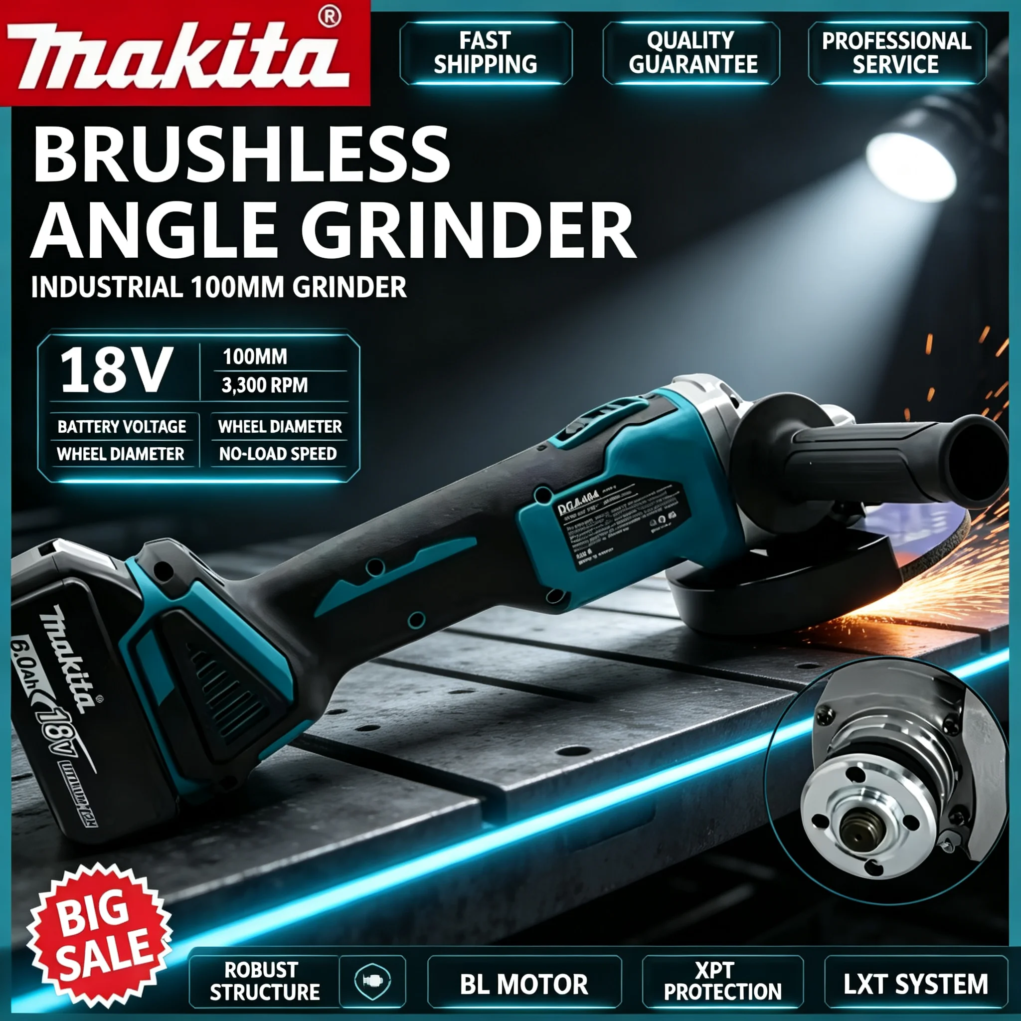 Brushless Angle Grinder Battery Powered - 100mm High Power Makita DGA404 Brushless